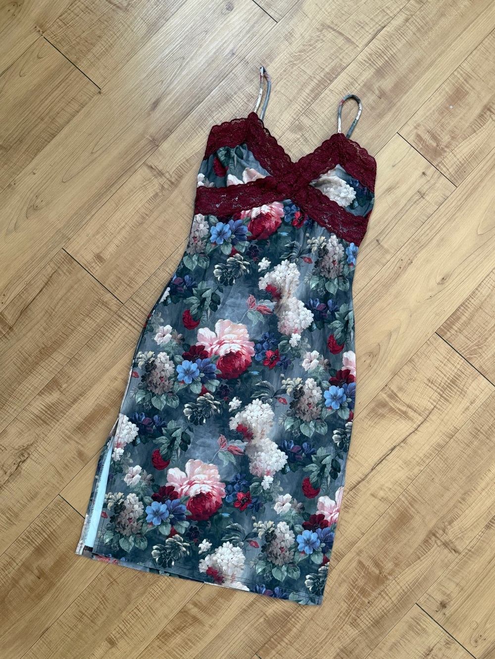 Floral Art Midi Slip Dress with Burgundy Lace Trim Vintage Y2K